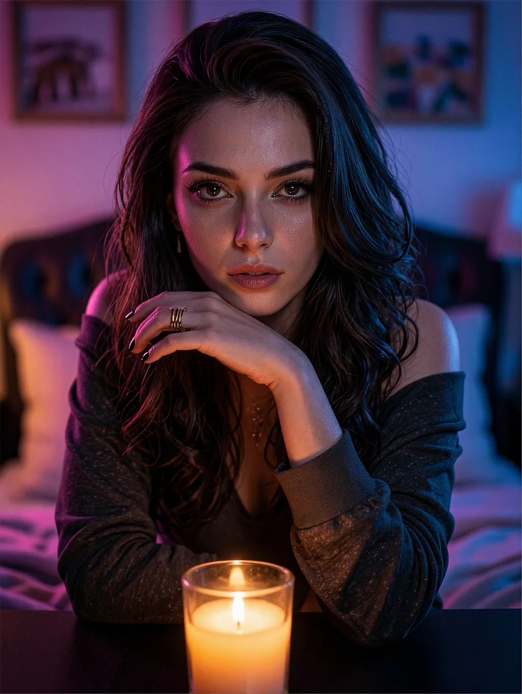 Dark-haired AI companion by candlelight in a dim bedroom
