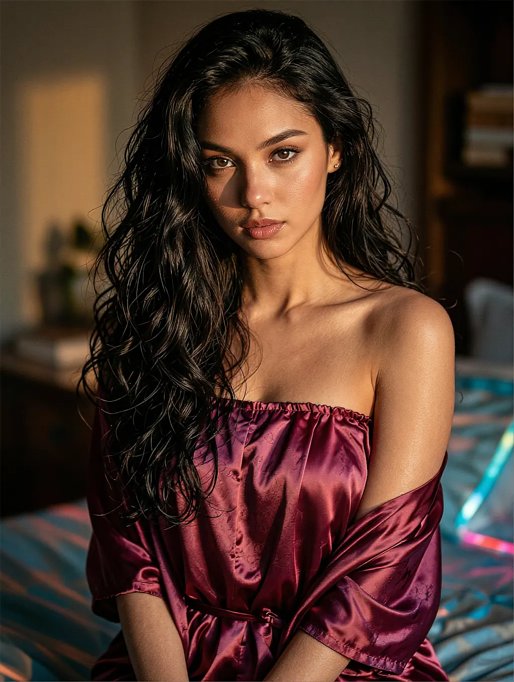 Curly-haired AI persona in a burgundy satin robe