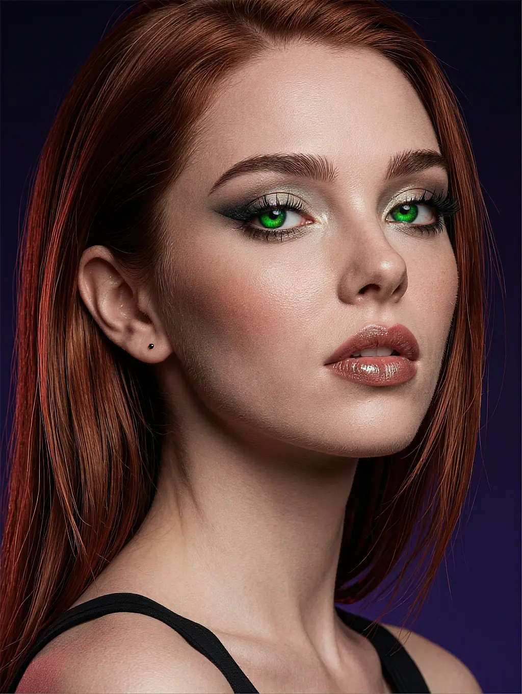Red-haired custom AI girlfriend with green eyes, builder example