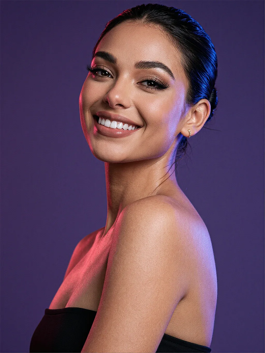 Smiling AI girlfriend with dark hair in a bun, strapless top
