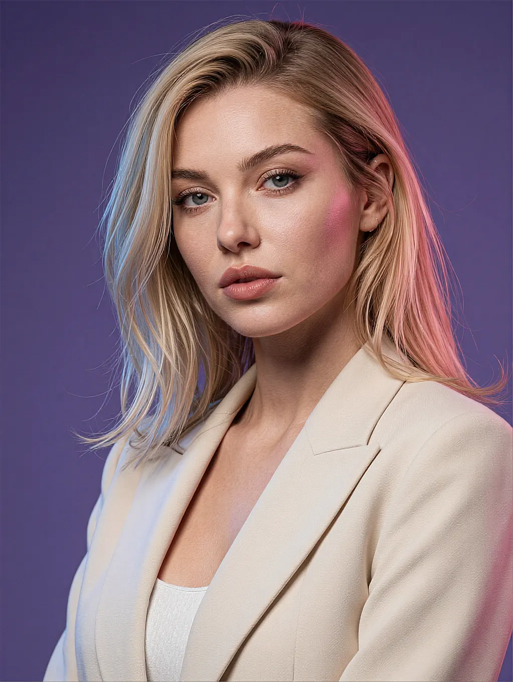 Blonde AI companion in a cream blazer against a violet backdrop